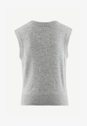Šedý vlněný bezrukávový pulovr s ribbovaným výstřihem a lemem. Textura je měkká a mírně chlupatá, bez viditelných zapínání nebo vzorů.