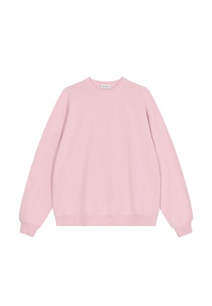 Felpa rosa chiaro a manica lunga con scollo tondo e polsini e orlo a costine, mostrata su sfondo bianco.