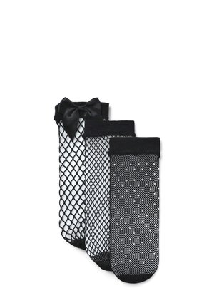 Set di collant neri composto da tre stili: uno a rete con fiocco in satin, uno a tinta unita e uno a pois, tutti con bordi elasticizzati.