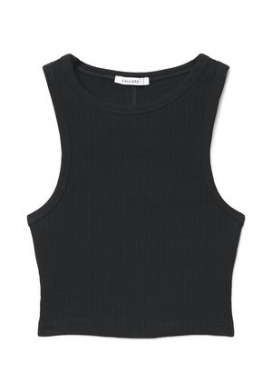 Top corto nero a costine senza maniche con scollo rotondo e etichetta del marchio Calliope sul retro del colletto.