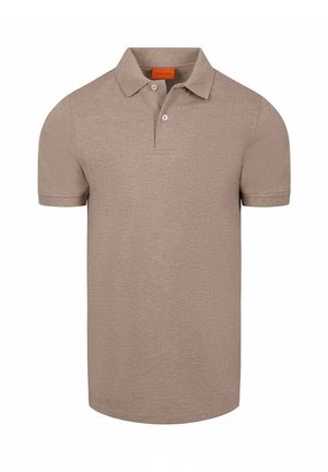 Beige polo met korte mouwen, twee knopen en klassieke kraag, effen gestructureerde stof, zonder zichtbare logo's.