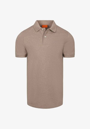 Beige polo met korte mouwen, twee knopen en klassieke kraag, effen gestructureerde stof, zonder zichtbare logo's.