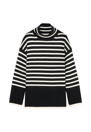 Pulover cu dungi negre și albe, cu guler înalt, mâneci lungi și garnitură ribbed. Textură moale, tricotată, cu dungi orizontale constante.
