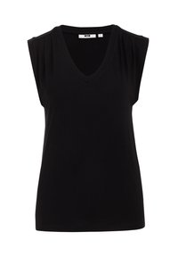 Svart ärmlös V-ringad topp med lätt axelsamling, rak fåll och en liten vit storlekslapp inuti kragen.