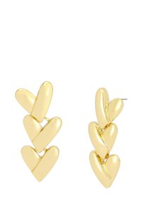 Gold-tone earrings featuring a design of interlinked hearts, polished surface, and a vertical arrangement of five heart shapes.