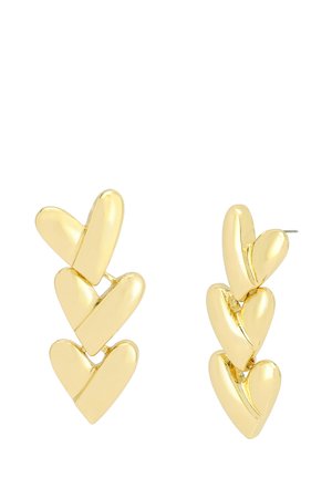 Gold-tone earrings featuring a design of interlinked hearts, polished surface, and a vertical arrangement of five heart shapes.