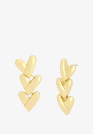 Gold-tone earrings featuring a design of interlinked hearts, polished surface, and a vertical arrangement of five heart shapes.