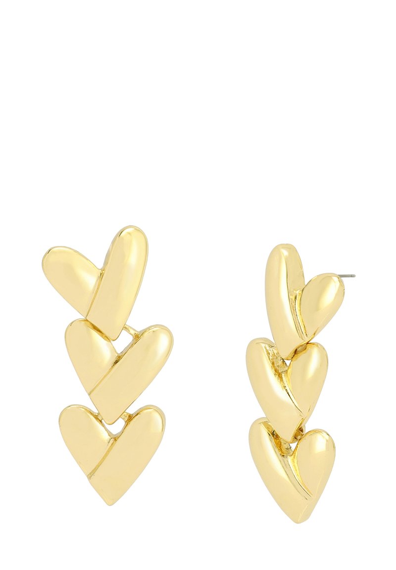 Gold-tone earrings featuring a design of interlinked hearts, polished surface, and a vertical arrangement of five heart shapes.