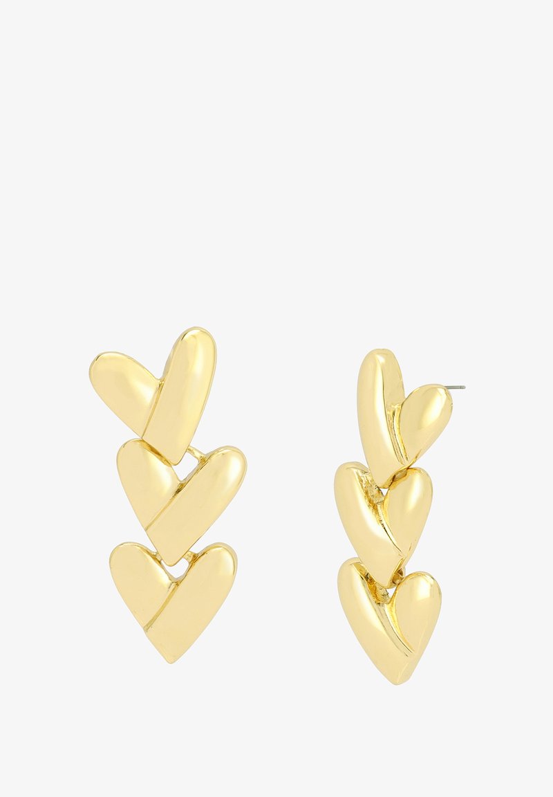 Gouden oorbellen met een ontwerp van onderling verbonden harten, gepolijste oppervlakten en een verticale schikking van vijf hartvormen.