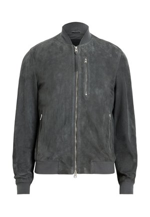 Graue Wildleder-Bomberjacke mit geripptem Kragen, Frontreißverschluss und zwei seitlichen Reißverschlusstaschen. Weicher Stoff mit glatter Oberfläche.
