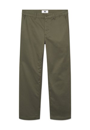 Olive green cotton wide-leg trousers with a smooth texture, featuring two side pockets and a button closure at the waistband.