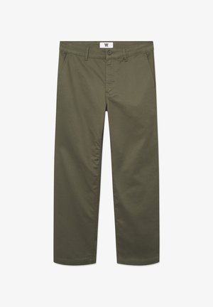 Olive rohelised puuvillased laiad püksid sujuva tekstuuriga, millel on kaks külgtaskut ja nupuga sulgemine vöökohtadel.