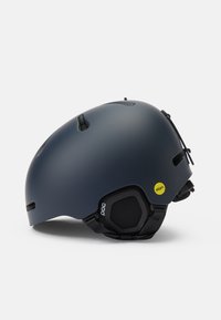 Casque bleu foncé avec une finition mate lisse, présentant des ouvertures de ventilation et un autocollant de technologie MIPS. Sangles de réglage latérales incluses.
