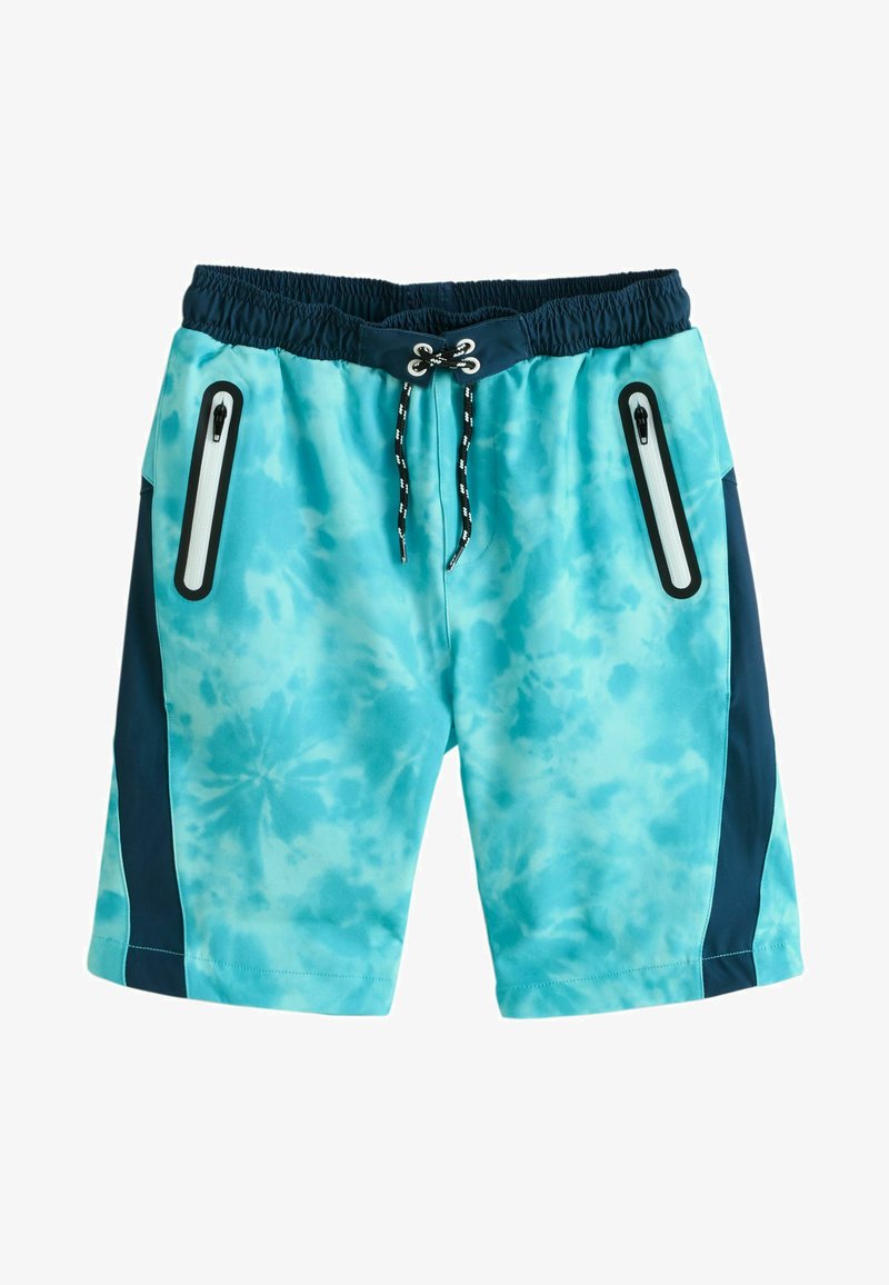 Short de bain bleu tie-dye avec taille élastique bleu foncé, cordon noir et blanc, poches zippées latérales et panneaux latéraux bleu foncé.