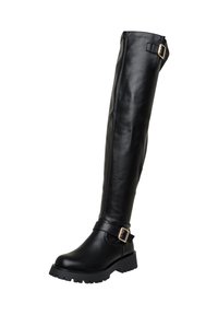 Botas de cuero negro hasta la rodilla con suela plana, acentos de hebilla y textura suave. Diseño resistente con un tronco ajustado.