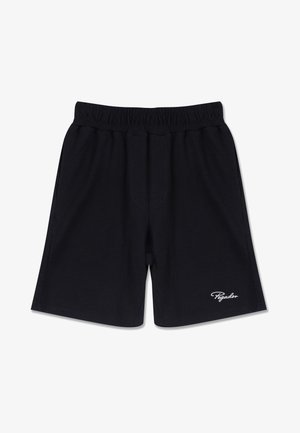 Fekete sportnadrág elasztikus derékkal, texturált anyagból, fehér logóval az alsó bal lábszáron.