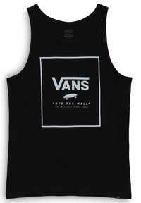 Canotta nera in cotone, con logo rettangolare bianco che riporta il testo "VANS" e "OFF THE WALL", design semplice e collo rotondo.