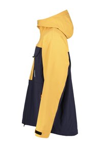 Giacca gialla e blu con cappuccio, dotata di tasca frontale, cerniere e polsini in Velcro. Realizzata in un tessuto liscio e leggero.