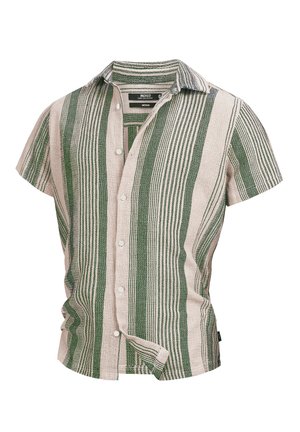 Koszula krótki rękaw z guzikami w kolorze beżowym i zielonym, z pionowymi paskami o różnych szerokościach oraz teksturowanym materiałem z kołnierzykiem rozkładanym.