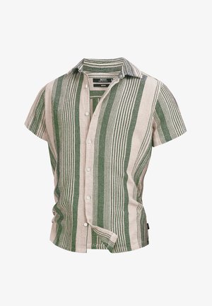 Koszula krótki rękaw z guzikami w kolorze beżowym i zielonym, z pionowymi paskami o różnych szerokościach oraz teksturowanym materiałem z kołnierzykiem rozkładanym.