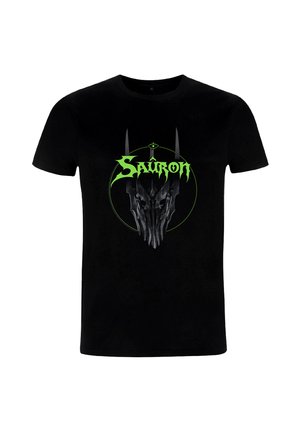 Czarny bawełniany t-shirt z grafiką przedstawiającą czaszkowatą twarz z kolcami oraz neonowo zielonym napisem "Sauron" w otaczającym okręgu.