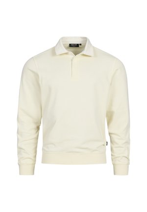 Cremefarbener Pullover mit Kragen, langen Ärmeln und gerippten Bündchen. Glatte Textur mit dezentem Logo auf der Brust.