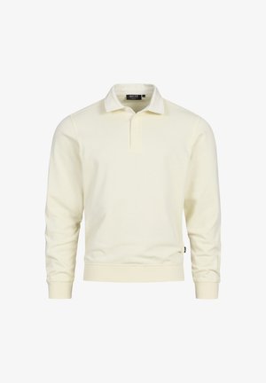 Flødefarvet pullover med krave, lange ærmer og ribbede manchetter. Glat tekstur med et diskret mærkelogo på brystet.