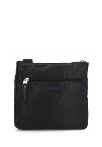Schwarze Nylon-Tasche mit Reißverschluss und Vorderfach, ausgestattet mit einem strukturierten Etikett und kontrastierenden Akzenten. Rechteckige Form mit einem stabilen Tragegurt.