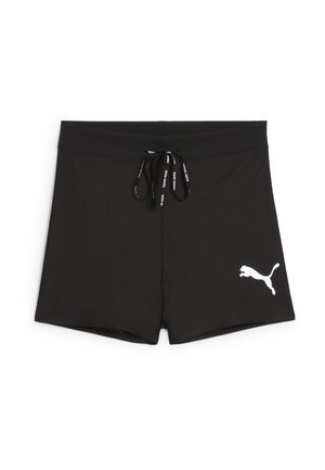 Zwarte sportshorts van een gladde stof, met een tailleband met trekkoord en een wit Puma-logo op de linkeronderzijde.