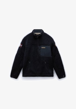 Flauschige schwarze Fleecejacke mit Reißverschluss, hohem Kragen und einer Brusttasche. Besitzt ein strukturiertes Muster und Seitentaschen.