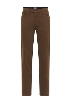 Braune Baumwollhosen mit geradem Bein, fünf Taschen und Knopfverschluss; glatte Textur und einfarbig ohne Muster.