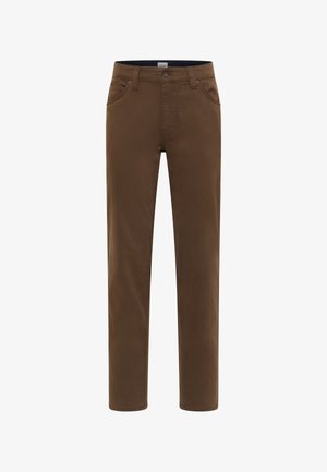 Braune Baumwollhosen mit geradem Bein, fünf Taschen und Knopfverschluss; glatte Textur und einfarbig ohne Muster.