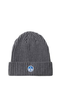 Berretto di lana grigio con texture a coste, caratterizzato da un risvolto e un piccolo logo circolare blu. Realizzato in materiale morbido ed elastico.