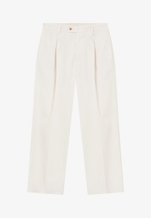 White, wide-leg trousers with pleats at the front, a single button closure, and side pockets. Smooth texture and tailored design.