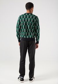 Maglione verde con un motivo geometrico di archi verdi e linee bianche, abbinato a pantaloni neri e sneakers nere.