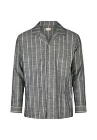 Heren overhemd met knoopsluiting in het grijs met witte verticale strepen. Bevat een opstaande kraag, lange mouwen en een borstzak. Lichtgewicht stof.