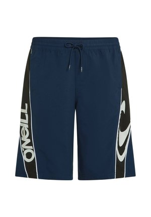 Costume da bagno blu navy con vita elastica, coulisse regolabile, pannelli laterali neri e dettagli del logo bianchi su entrambi i lati.