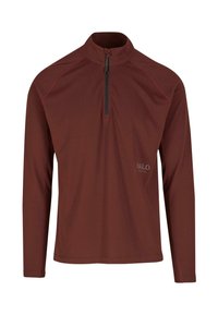 Langärmliger, mit Reißverschluss versehenes Oberteil aus einem reichhaltigen burgunderfarbenen Stoff mit einem strukturierten Muster. Es verfügt über einen hohen Kragen und ein dezentes Logo auf der Vorderseite.