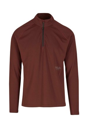 Langærmet, lynlås-pullover i et rigt burgunder stof med et tekstureret mønster. Har en høj krave og et subtilt logo på fronten.