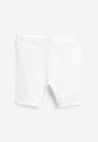 Witte katoenen shorts, getailleerd ontwerp, midden boven de dijen, elastische tailleband, minimale stikdetails, gladde textuur, geen patronen of versieringen.