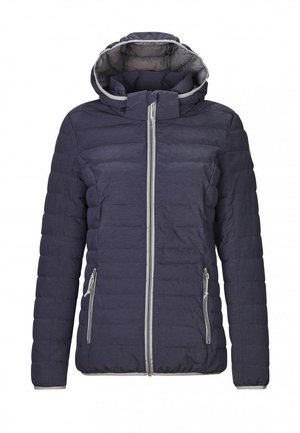 Giacca puffa blu navy con zip frontale, fodera grigia a contrasto, cappuccio regolabile e due tasche laterali con zip. Design a quadri orizzontali.