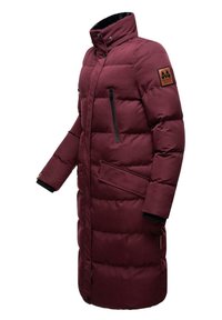 Maroon puffer coat with a high collar, horizontal quilting, zippered chest pocket, side hand pockets, and a patch logo on the sleeve.