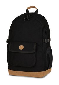 Sac à dos en toile noire avec une base en daim beige, poche à rabat à l'avant, bretelles ajustables et poches latérales en mesh. Il possède un patch logo sur le rabat.