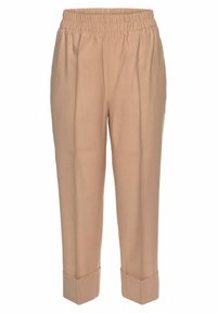 Beige kalhoty s elastickým pasem, se dvěma předními záhyby a ohrnutými lemy na kotnících. Hladká tkanina, dobře střihnutý design.