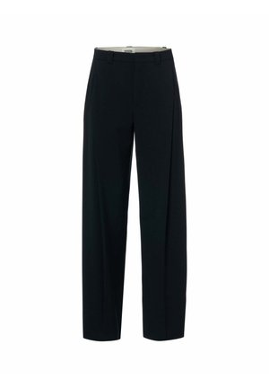 Pantalon noir à taille haute et jambe droite avec passants de ceinture et fermeture éclair à l'avant, présenté sur un fond blanc.