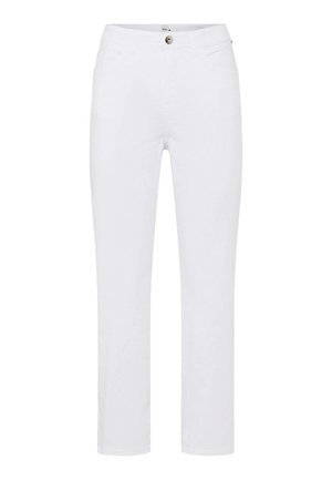 Witte jeans met rechte pijpen, voorzien van een knoop en ritssluiting aan de voorkant, voor- en achterzakken, en lussen voor een riem.
