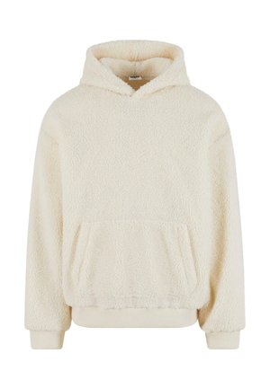 White, plush fleece hoodie with a front pocket and a drawstring hood. Soft texture with ribbed cuffs and hem.