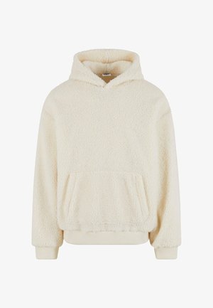 Felpa bianca in pile morbido con tasca frontale e cappuccio con coulisse. Texture soffice con polsini e orlo a costine.