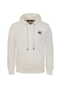 Hooded sweatshirt in off-white cotton, featuring a front pocket, drawstrings, and a black embroidered logo on the chest.