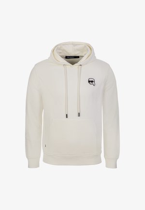 Kapturowa bluza w kolorze ecru z bawełny, z przednią kieszenią, sznurkami do regulacji oraz czarnym haftowanym logo na piersi.